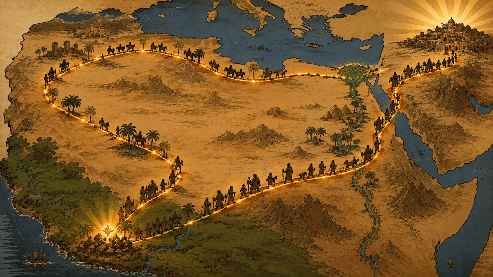 Symbolic migration map showing two routes from the Levant into West Africa — the post-586 BCE Egyptian flight and the post-70 CE North African dispersal